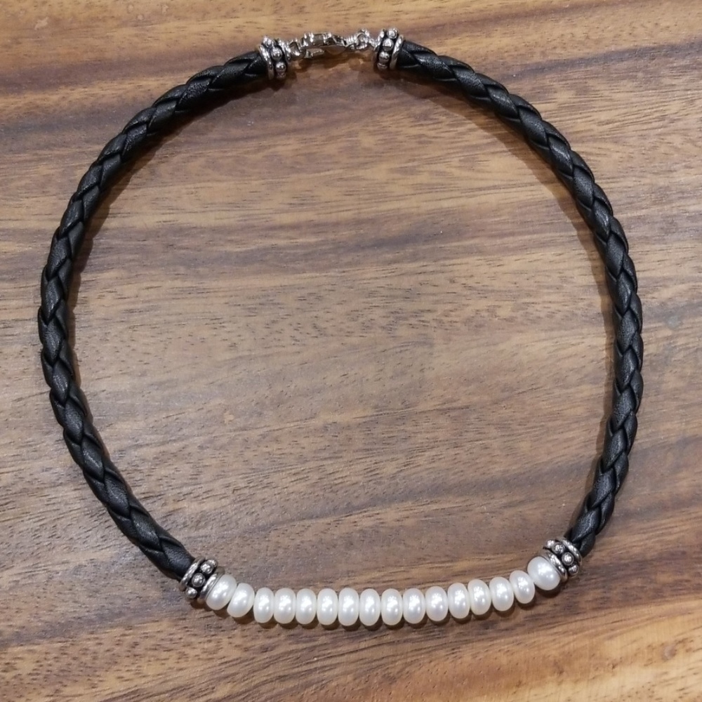 925 Silver Leather and Pearl Necklace